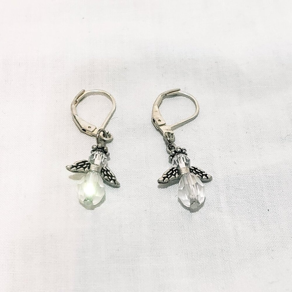 Angel Earrings Dangle Drop Beads Metal Wings 3/4" Pierced Lever Back Hooks